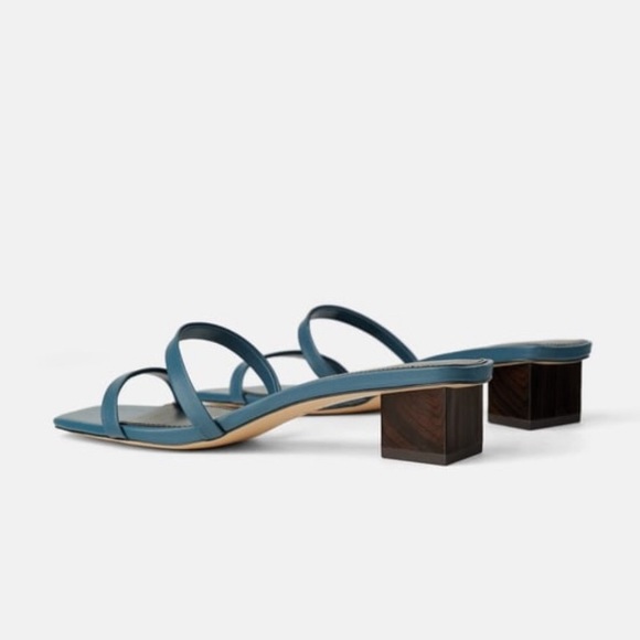 Zara Shoes Zara Wood Heeled Blue Leather Sandals Poshmark